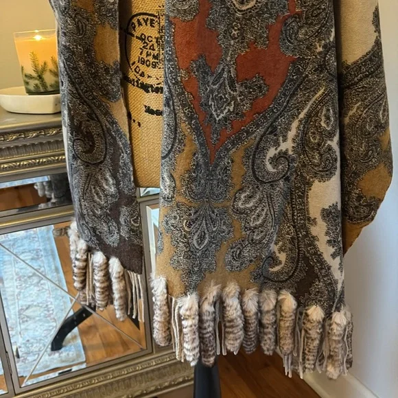 LA FIORENTINA Rex Rabbit Fur Wool Reversible scarf wrap shawl wrap Brown tan